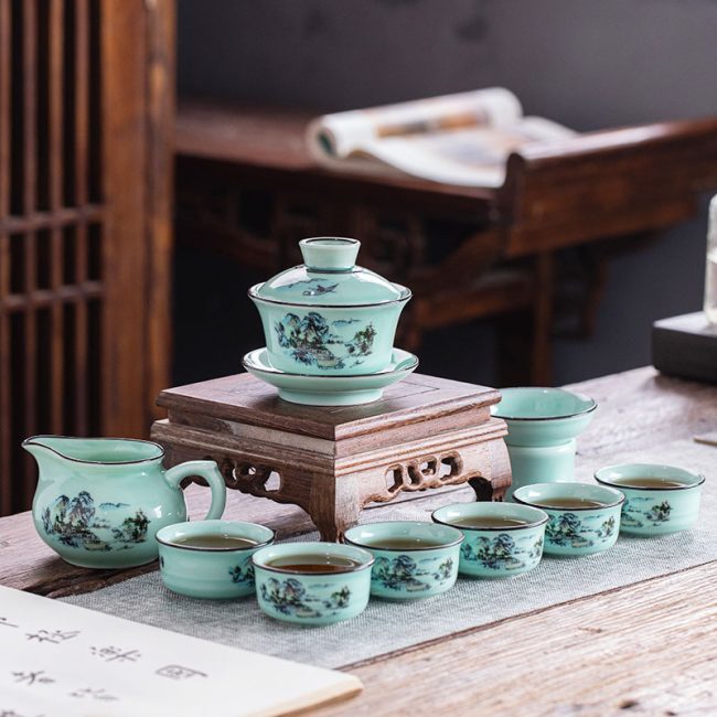 Jingdezhen ceramic tea set celadon kung fu tea set three talent cover bowl teapot tea bowl household gift logo customized
