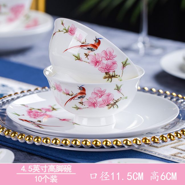 Jingdezhen ceramic tableware Chinese bowls, plates and dishes water point peach blossom bone china rice bowl dishes household wedding housewarming