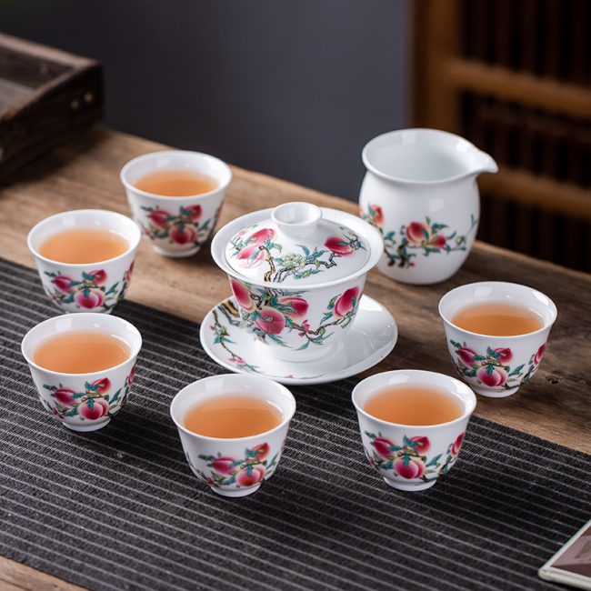 Jingdezhen Ceramic Kung Fu Tea Set Shou Peach Master Cup Covered Bowl Pin Ming Cup Tea Set Gift Set Gift Giving