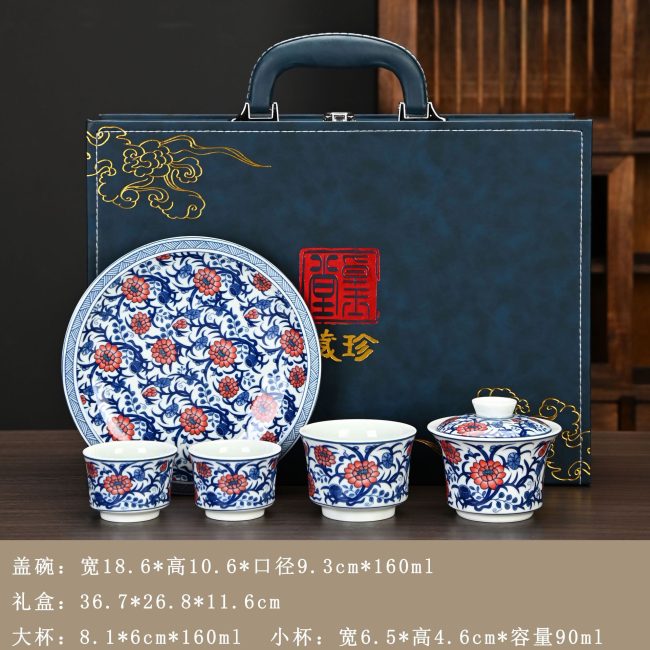 Jingdezhen blue and white porcelain kung fu tea set small set of Chinese high-grade three talent cover bowl master cup companion gift porcelain