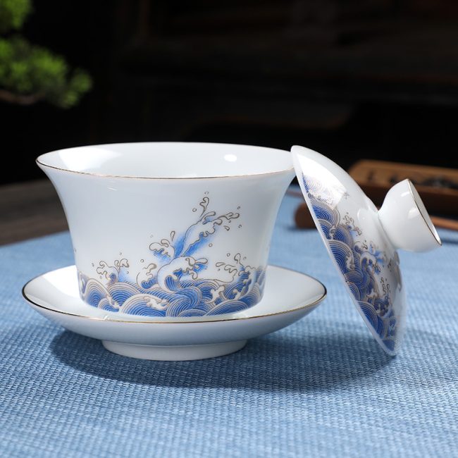 Jingdezhen ceramics large three talent bowl tea cup enamel color gold covered bowl pot bearing white porcelain kung fu tea set