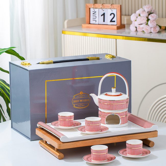 Afternoon Tea Black Teapot Ceramic Coffee Cup Ceramic Pot with Filter Bone China Tea Set Candle Heating Warmer Tea Stove