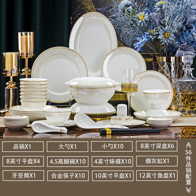 European light luxury bone china bowls, plates and dishes set Jingdezhen high temperature ceramic tableware household wedding housewarming bowls and chopsticks plate