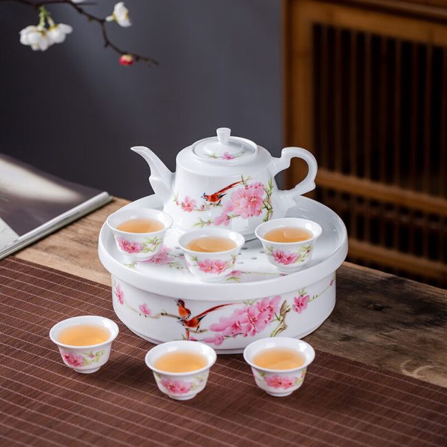 Jingdezhen ceramics hand-painted water point peach blossom kung fu tea set with tea tray high white porcelain teapot home gift porcelain
