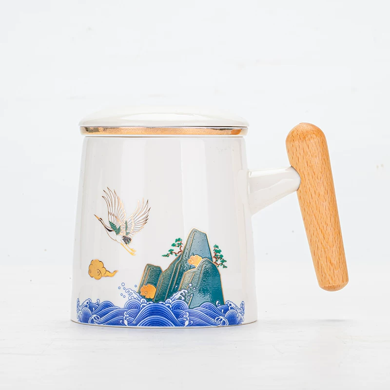 Guochao ceramic office water cup set of three tea water separation mug company opening activities companion gift logo - 图片 5