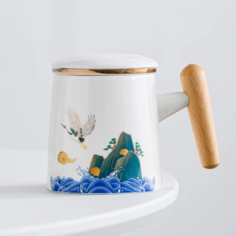 Guochao ceramic office water cup set of three tea water separation mug company opening activities companion gift logo