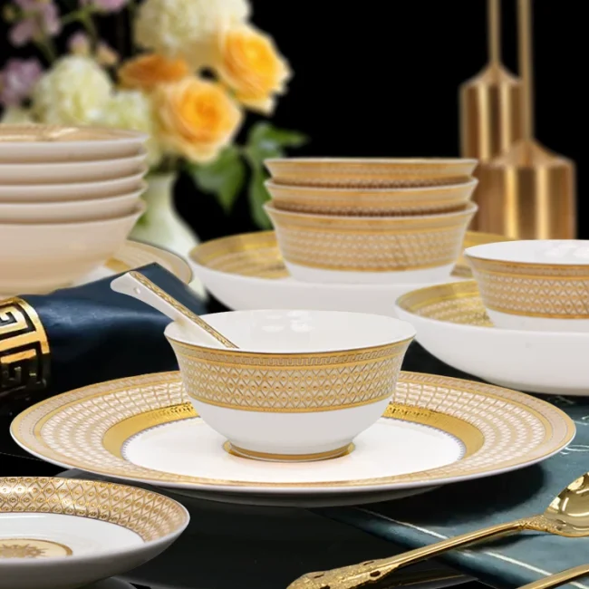 Bowl and plate set European light luxury premium feeling bone china embossed gold tableware household housewarming new home ceramic rice bowl plate