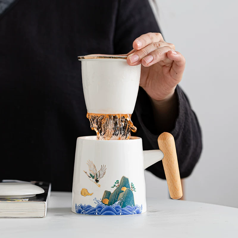 Guochao ceramic office water cup set of three tea water separation mug company opening activities companion gift logo - 图片 4