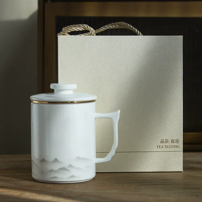 Sheep fat jade porcelain tea cup tea water separation office cup ceramic tea cup mug with lid filter engraved customized