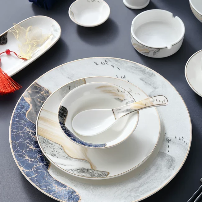 Chinese style restaurant ceramic table setting tableware hotel club company unit high-grade gold-rimmed bowl and plate eight-piece set suit