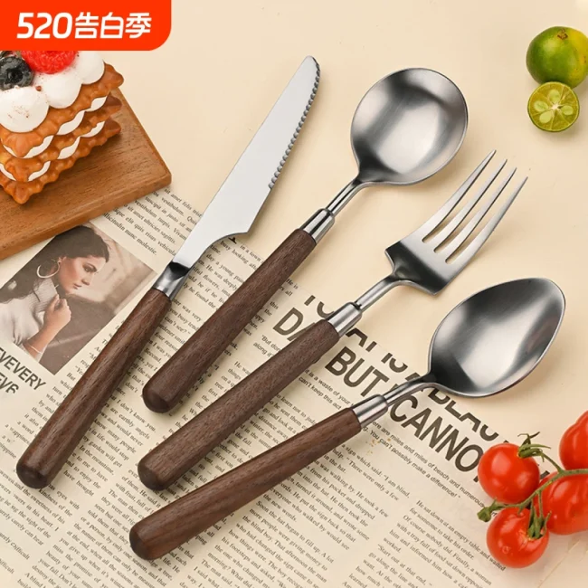 Walnut cutlery set spoon fork household stainless steel western food wooden handle fork steak knife fork spoon four sets