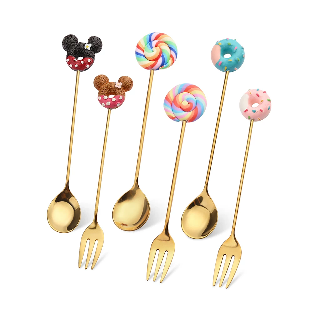 Donut Mickey cartoon coffee spoon cute creative stainless steel stirring spoon delicate dessert small spoon fruit fork - 图片 6
