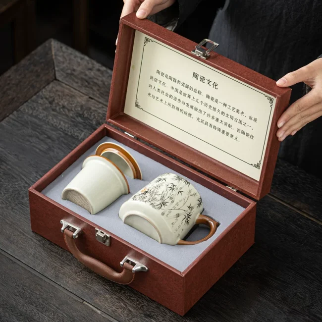Ru kiln ceramic office cup gift box large capacity tea cup tea water separation mug water cup to send leadership customers customized