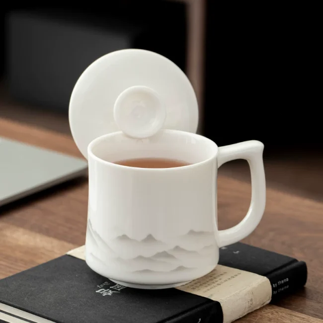 Goat fat jade porcelain ceramic mug personal use office tea cup with lid Dehua white porcelain water cup customized logo