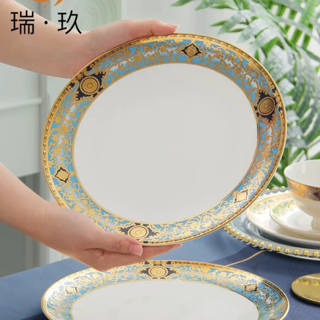 Steak dinner plate light luxury western food plate bone china table setting tableware 10 inches large flat plate shallow plate European relief plate