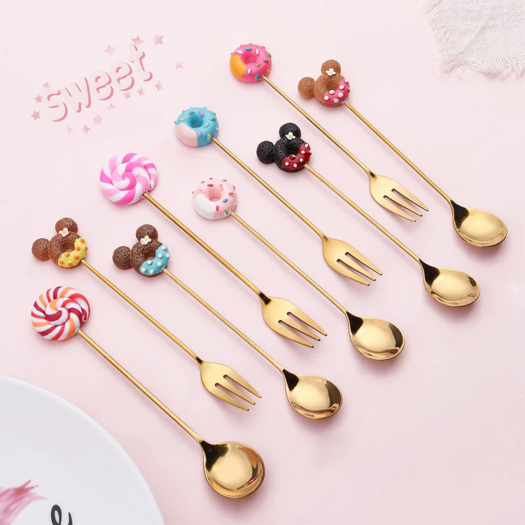 Donut Mickey cartoon coffee spoon cute creative stainless steel stirring spoon delicate dessert small spoon fruit fork - 图片 2