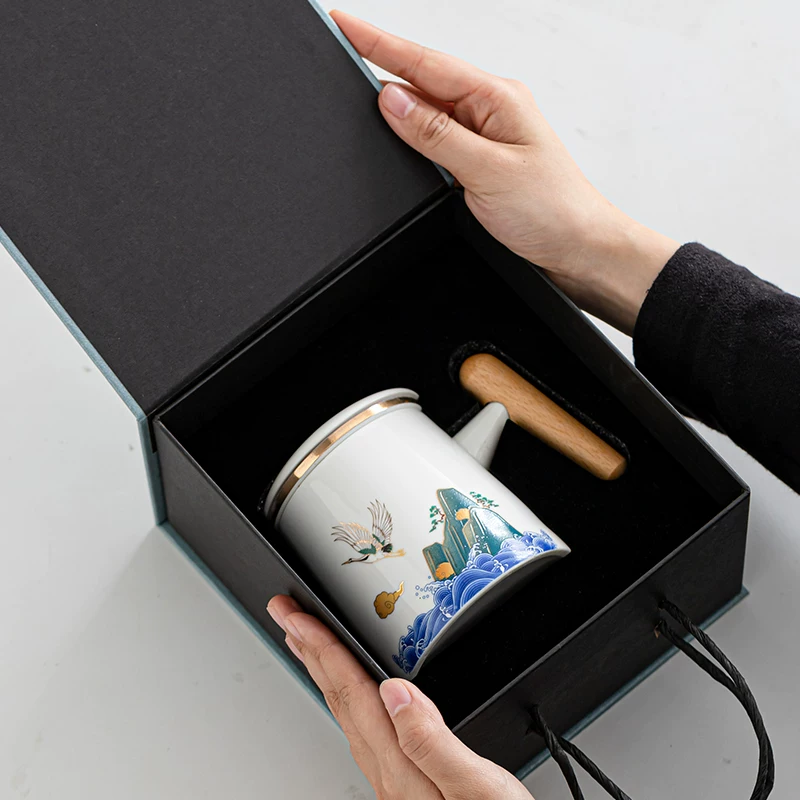 Guochao ceramic office water cup set of three tea water separation mug company opening activities companion gift logo - 图片 2