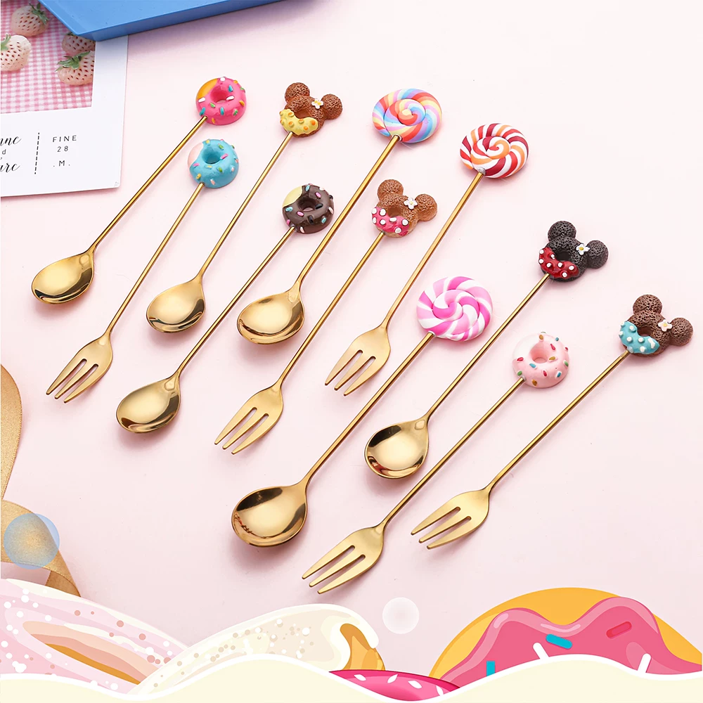 Donut Mickey cartoon coffee spoon cute creative stainless steel stirring spoon delicate dessert small spoon fruit fork - 图片 3